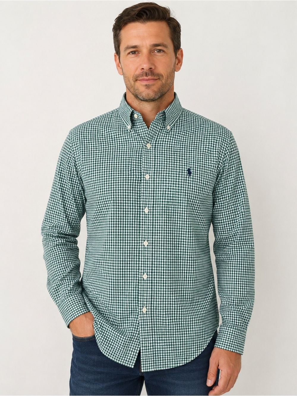 Ralph Lauren Green and White Gingham Button-Down Shirt